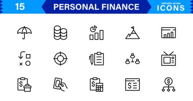 Bütçe ve Tasarruf İçin Temel Simgelerle Kişisel Finans Tasarımları. Finansal Uygulamalar, Web siteleri ve Mobil Çözümler için mükemmel.