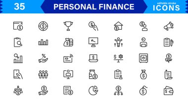 Bütçe ve Tasarruf İçin Temel Simgelerle Kişisel Finans Tasarımları. Finansal Uygulamalar, Web siteleri ve Mobil Çözümler için mükemmel.