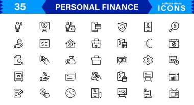 Bütçe ve Tasarruf İçin Temel Simgelerle Kişisel Finans Tasarımları. Finansal Uygulamalar, Web siteleri ve Mobil Çözümler için mükemmel.
