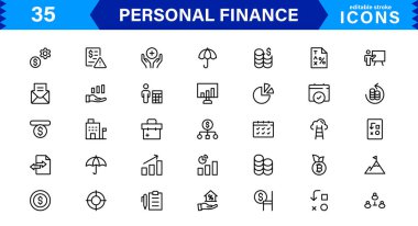 Bütçe ve Tasarruf İçin Temel Simgelerle Kişisel Finans Tasarımları. Finansal Uygulamalar, Web siteleri ve Mobil Çözümler için mükemmel.
