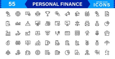 Bütçe ve Tasarruf İçin Temel Simgelerle Kişisel Finans Tasarımları. Finansal Uygulamalar, Web siteleri ve Mobil Çözümler için mükemmel.