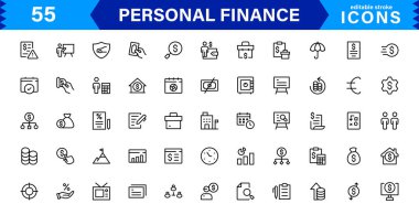 Bütçe ve Tasarruf İçin Temel Simgelerle Kişisel Finans Tasarımları. Finansal Uygulamalar, Web siteleri ve Mobil Çözümler için mükemmel.