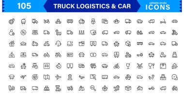 Ayrıntılı Kamyon ve Araç Simgeleriyle Lojistik ve Araç Hizmetleri. İş Çözümleri, Filo Operasyonları ve Ulaşım Tasarımı için ideal.