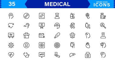 Sağlık ve Sağlık Tasarımları için Tıbbi Simge Ayarlandı. Vektör Biçiminde Hastaneler, Doktorlar, Hastalar ve Tıbbi Araçlar için Semboller.