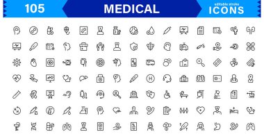Sağlık ve Sağlık Tasarımları için Tıbbi Simge Ayarlandı. Vektör Biçiminde Hastaneler, Doktorlar, Hastalar ve Tıbbi Araçlar için Semboller.
