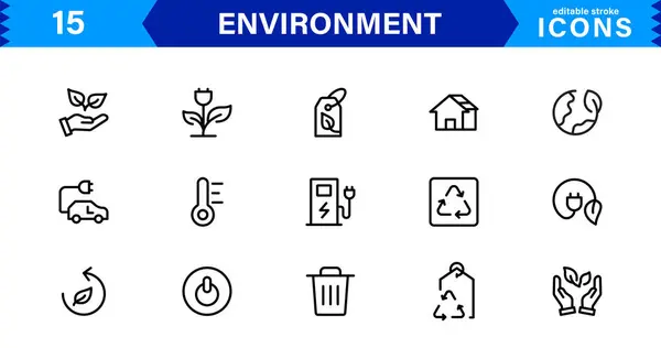 Sürdürülebilir Tasarımlar için Profesyonel Çevre Simgeleri. Dünya, Ağaçlar, Yenilenebilir Enerji ve Zararlı Projeler İçin Çevre Bilinci Sembolleri.