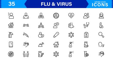 Grip ve Virüs Sağlık ve Sağlık Projeleri Simgeleri. Önleyici Ölçümler ve Virüs Farkındalığı İçin Temel Tıbbi Semboller.