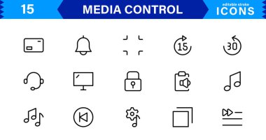 Modern Ortam Kontrol Simgesi Vektör İllüstrasyonunu Ayarla. Akımlı Ortam Projeleri için Temel Oynatma, Ses ve Navigasyon Simgelerini İçerir.
