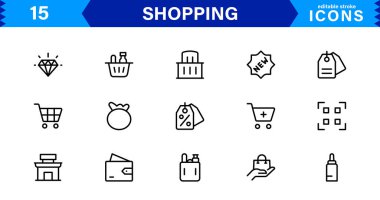 Modern Alışveriş Simgesi Set Vektörü İllüstrasyonu. Özgün Perakende, E-ticaret ve Alışveriş Arabası Sembolleri