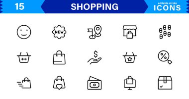 Modern Alışveriş Simgesi Set Vektörü İllüstrasyonu. Özgün Perakende, E-ticaret ve Alışveriş Arabası Sembolleri