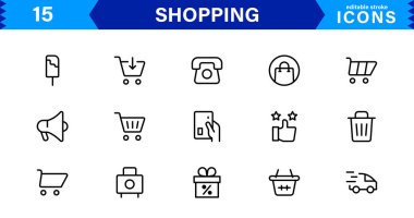Modern Alışveriş Simgesi Set Vektörü İllüstrasyonu. Özgün Perakende, E-ticaret ve Alışveriş Arabası Sembolleri