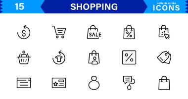 Modern Alışveriş Simgesi Set Vektörü İllüstrasyonu. Özgün Perakende, E-ticaret ve Alışveriş Arabası Sembolleri
