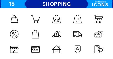 Modern Alışveriş Simgesi Set Vektörü İllüstrasyonu. Özgün Perakende, E-ticaret ve Alışveriş Arabası Sembolleri