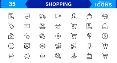 Modern Alışveriş Simgesi Set Vektörü İllüstrasyonu. Özgün Perakende, E-ticaret ve Alışveriş Arabası Sembolleri