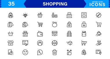 Modern Alışveriş Simgesi Set Vektörü İllüstrasyonu. Özgün Perakende, E-ticaret ve Alışveriş Arabası Sembolleri