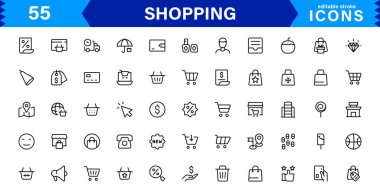 Modern Alışveriş Simgesi Set Vektörü İllüstrasyonu. Özgün Perakende, E-ticaret ve Alışveriş Arabası Sembolleri