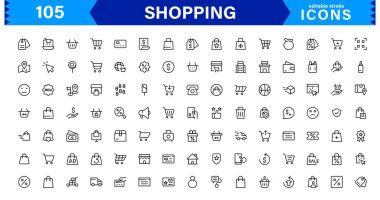 Modern Alışveriş Simgesi Set Vektörü İllüstrasyonu. Özgün Perakende, E-ticaret ve Alışveriş Arabası Sembolleri
