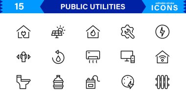 Temel Kamu Hizmeti Simgeleri. Temiz Çizgi Sanat Sembolleri, Güç, Su ve Şehir Sistemleri için Stil Vektör Simgeleri