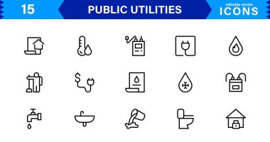 Temel Kamu Hizmeti Simgeleri. Temiz Çizgi Sanat Sembolleri, Güç, Su ve Şehir Sistemleri için Stil Vektör Simgeleri