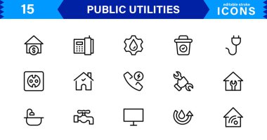 Temel Kamu Hizmeti Simgeleri. Temiz Çizgi Sanat Sembolleri, Güç, Su ve Şehir Sistemleri için Stil Vektör Simgeleri