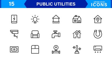 Temel Kamu Hizmeti Simgeleri. Temiz Çizgi Sanat Sembolleri, Güç, Su ve Şehir Sistemleri için Stil Vektör Simgeleri