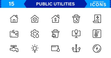 Temel Kamu Hizmeti Simgeleri. Temiz Çizgi Sanat Sembolleri, Güç, Su ve Şehir Sistemleri için Stil Vektör Simgeleri