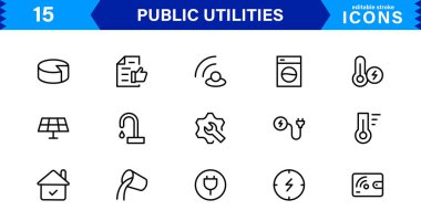 Temel Kamu Hizmeti Simgeleri. Temiz Çizgi Sanat Sembolleri, Güç, Su ve Şehir Sistemleri için Stil Vektör Simgeleri