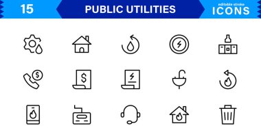 Temel Kamu Hizmeti Simgeleri. Temiz Çizgi Sanat Sembolleri, Güç, Su ve Şehir Sistemleri için Stil Vektör Simgeleri