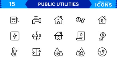 Temel Kamu Hizmeti Simgeleri. Temiz Çizgi Sanat Sembolleri, Güç, Su ve Şehir Sistemleri için Stil Vektör Simgeleri