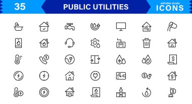 Temel Kamu Hizmeti Simgeleri. Temiz Çizgi Sanat Sembolleri, Güç, Su ve Şehir Sistemleri için Stil Vektör Simgeleri