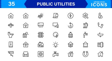 Temel Kamu Hizmeti Simgeleri. Temiz Çizgi Sanat Sembolleri, Güç, Su ve Şehir Sistemleri için Stil Vektör Simgeleri