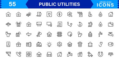 Temel Kamu Hizmeti Simgeleri. Temiz Çizgi Sanat Sembolleri, Güç, Su ve Şehir Sistemleri için Stil Vektör Simgeleri