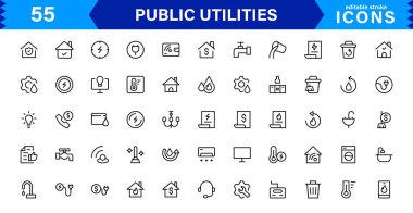 Temel Kamu Hizmeti Simgeleri. Temiz Çizgi Sanat Sembolleri, Güç, Su ve Şehir Sistemleri için Stil Vektör Simgeleri