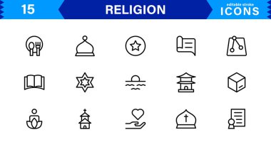Modern Din Simgeleri Ayarlandı. İnanç, İnanç ve Kültürel Projeler için Vektör Çizgisi Sanat Sembolleri