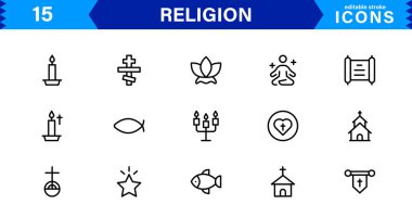Modern Din Simgeleri Ayarlandı. İnanç, İnanç ve Kültürel Projeler için Vektör Çizgisi Sanat Sembolleri