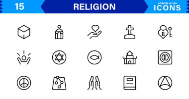 Modern Din Simgeleri Ayarlandı. İnanç, İnanç ve Kültürel Projeler için Vektör Çizgisi Sanat Sembolleri
