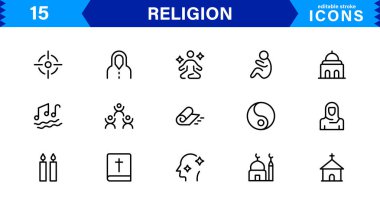Modern Din Simgeleri Ayarlandı. İnanç, İnanç ve Kültürel Projeler için Vektör Çizgisi Sanat Sembolleri