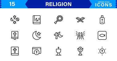 Modern Din Simgeleri Ayarlandı. İnanç, İnanç ve Kültürel Projeler için Vektör Çizgisi Sanat Sembolleri