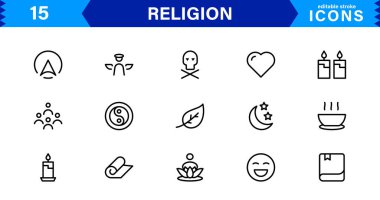 Modern Din Simgeleri Ayarlandı. İnanç, İnanç ve Kültürel Projeler için Vektör Çizgisi Sanat Sembolleri