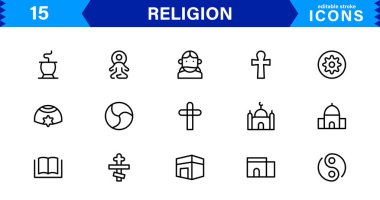 Modern Din Simgeleri Ayarlandı. İnanç, İnanç ve Kültürel Projeler için Vektör Çizgisi Sanat Sembolleri