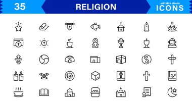 Modern Din Simgeleri Ayarlandı. İnanç, İnanç ve Kültürel Projeler için Vektör Çizgisi Sanat Sembolleri