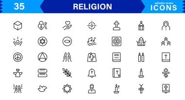Modern Din Simgeleri Ayarlandı. İnanç, İnanç ve Kültürel Projeler için Vektör Çizgisi Sanat Sembolleri