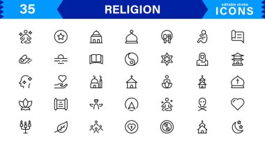 Modern Din Simgeleri Ayarlandı. İnanç, İnanç ve Kültürel Projeler için Vektör Çizgisi Sanat Sembolleri