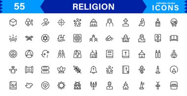 Modern Din Simgeleri Ayarlandı. İnanç, İnanç ve Kültürel Projeler için Vektör Çizgisi Sanat Sembolleri