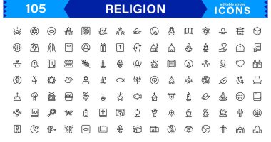 Modern Din Simgeleri Ayarlandı. İnanç, İnanç ve Kültürel Projeler için Vektör Çizgisi Sanat Sembolleri