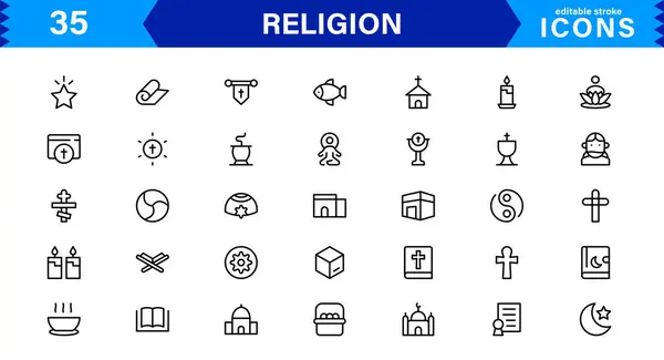 Modern Din Simgeleri Ayarlandı. İnanç, İnanç ve Kültürel Projeler için Vektör Çizgisi Sanat Sembolleri