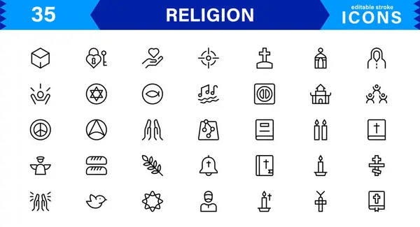 Modern Din Simgeleri Ayarlandı. İnanç, İnanç ve Kültürel Projeler için Vektör Çizgisi Sanat Sembolleri