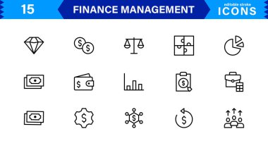 Ekonomik, muhasebe ve para takibi için hazırlanmış temiz ve asgari Finans Yönetimi simgesi paketi.