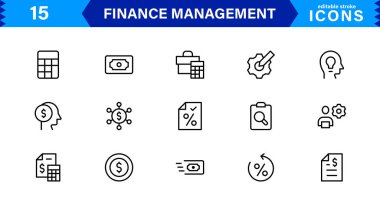 Ekonomik, muhasebe ve para takibi için hazırlanmış temiz ve asgari Finans Yönetimi simgesi paketi.