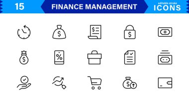 Ekonomik, muhasebe ve para takibi için hazırlanmış temiz ve asgari Finans Yönetimi simgesi paketi.